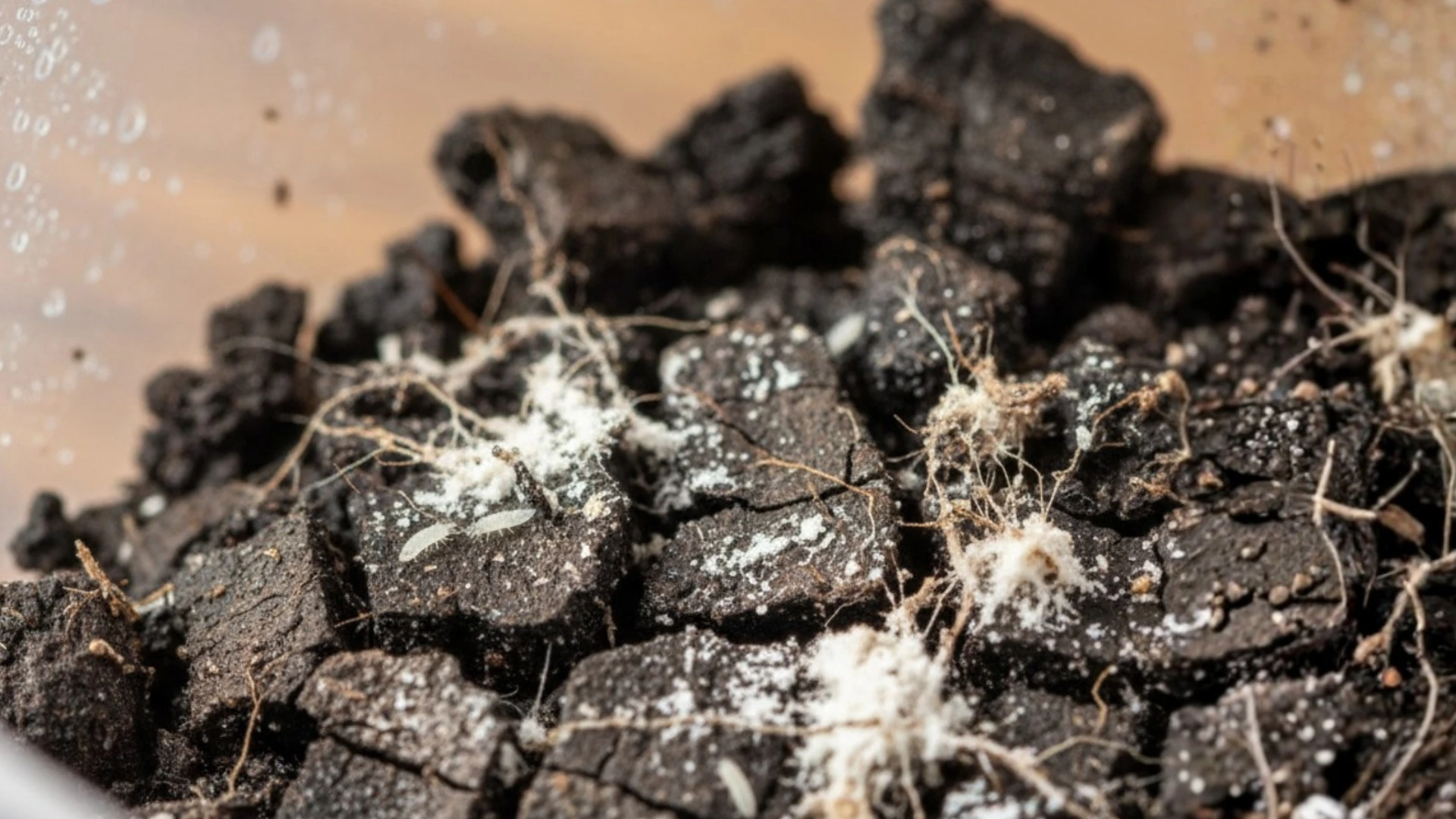 Ultra-realistic macro photograph of a springtail culture on chunky black charcoal substrate. A few small, white springtails are visible among sparse white fungal threads and powdery white residue, indicating a developing or struggling culture. The image has a shallow depth of field, warm earthy tones, and water droplets visible on the container wall.