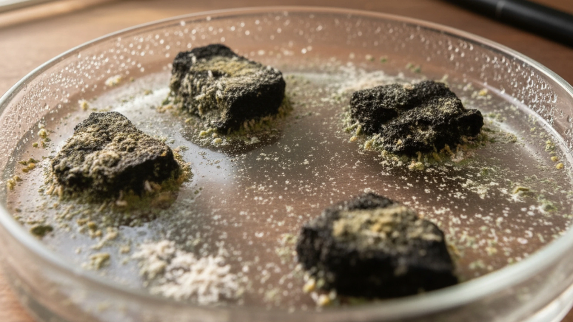 Close-up of a contaminated springtail culture showing charcoal pieces covered in mold and debris inside a shallow dish.