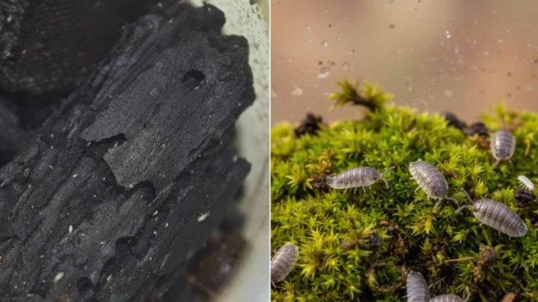 comparing springtails and isopods on moist bioactive substrate — white springtails on damp charcoal at left and gray isopods on moss and leaf litter at right.