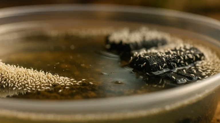 Macro photo of a springtail water culture with white springtails clustered on floating charcoal pieces in a shallow container.