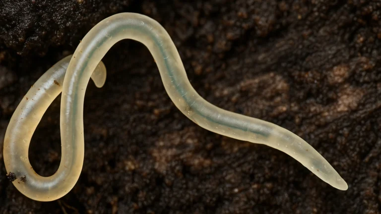 Macro of a single Grindal worm (Enchytraeus buchholzi) on damp brown soil, translucent body with faint green internal streak, S-shaped pose.