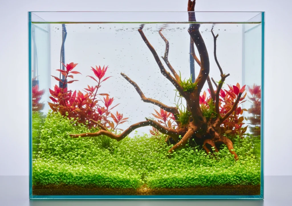 CO2-injected planted tank with pearling Monte Carlo carpet, red Rotala groups and sculptural spider wood in crystal-clear water.