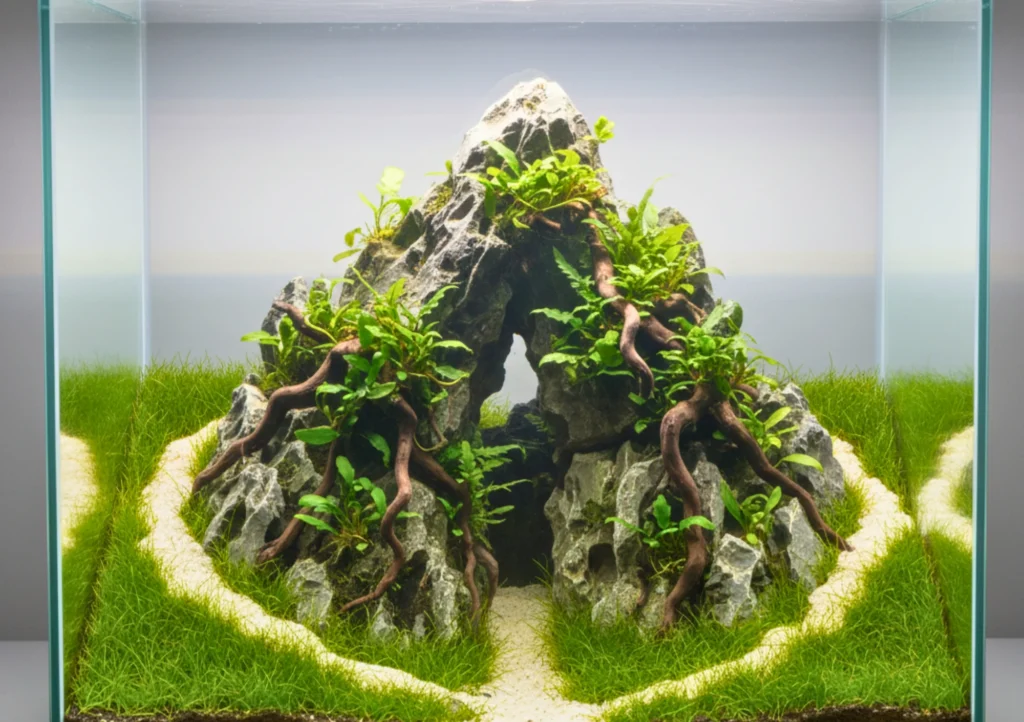 Central island aquascape of dragon stone with a winding sand path and hairgrass meadow; roots and ferns climbing the rocks.