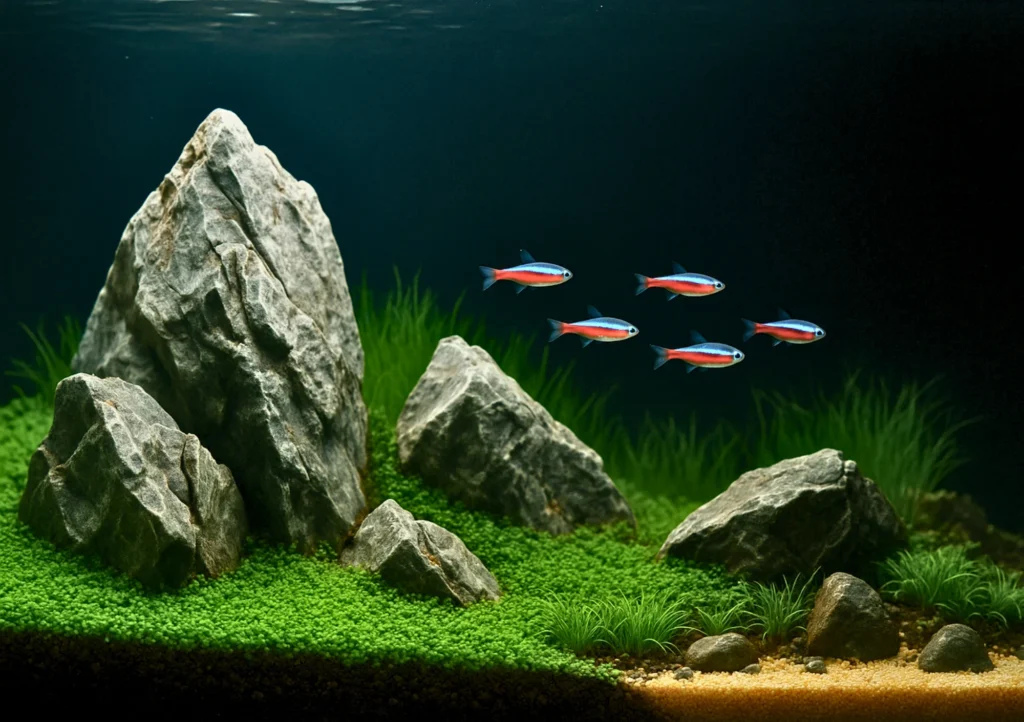 Iwagumi aquascape of Seiryu stones on a Monte Carlo carpet with hairgrass and a small school of neon tetras.
