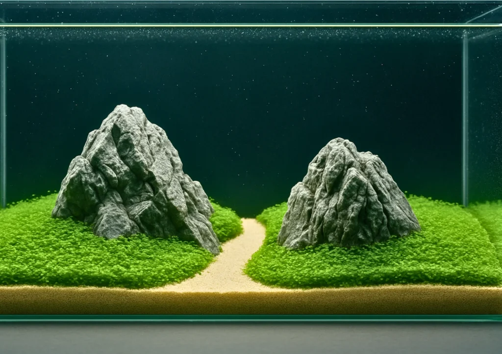 Minimal Iwagumi aquascape with two Seiryu rock mounds and a cosmetic sand path between dense green carpet.