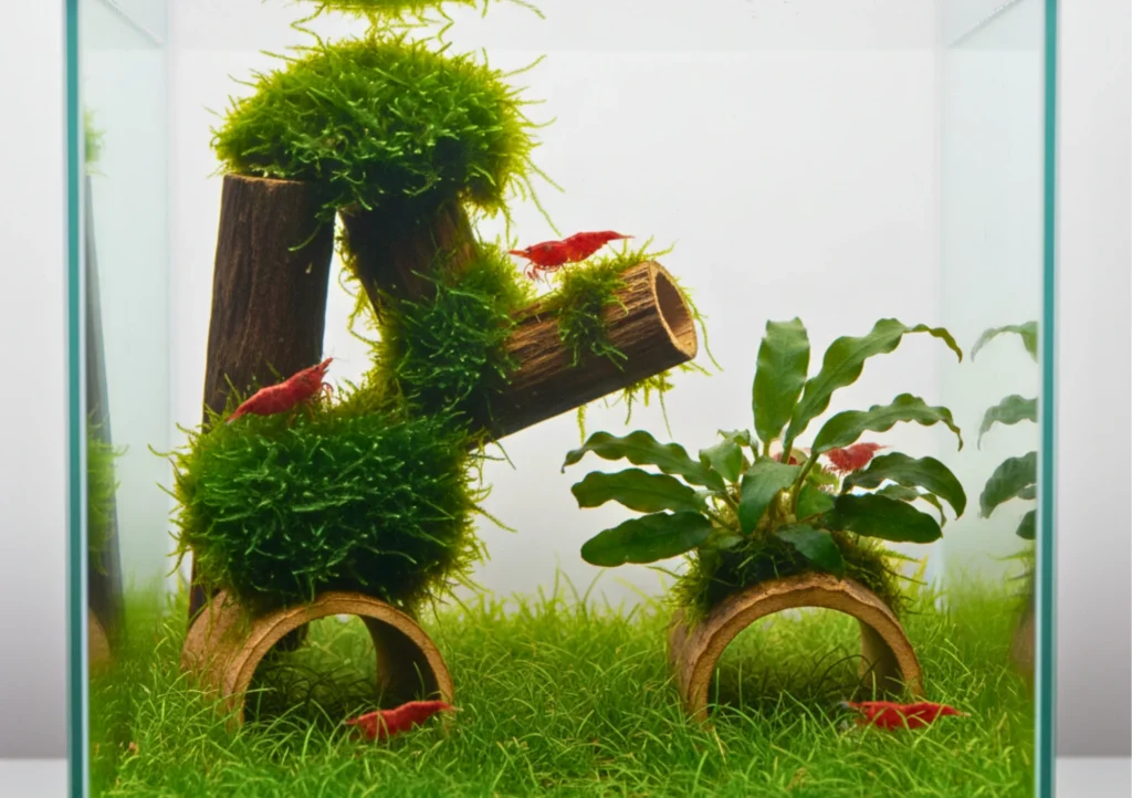 Rimless nano shrimp tank with moss-covered cholla wood, bucephalandra on a small shelter, and red cherry shrimp over a hairgrass carpet.
