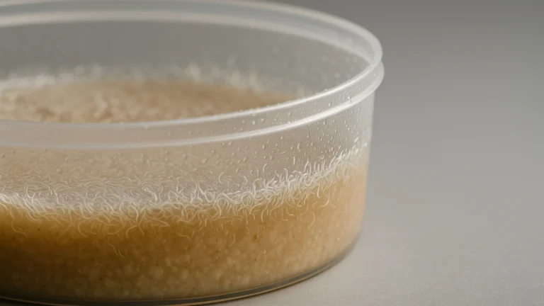 Macro photo of Panagrellus redivivus microworms forming a dense white band on a moist oatmeal culture inside a clear plastic cup with condensation.