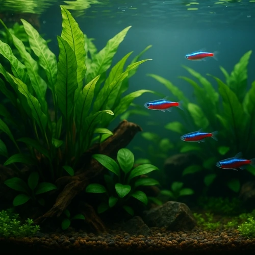 Realistic aquascape featuring lush Java ferns, Anubias, and neon tetras swimming in a clear planted aquarium with natural lighting and vivid greenery.