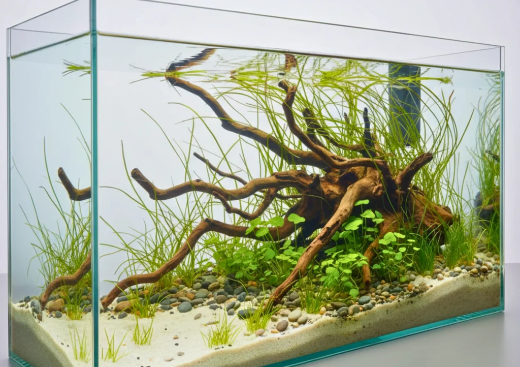 lear-water riverbank aquascape with white sand, rounded pebbles, Vallisneria grass and branching driftwood roots in a rimless tank.