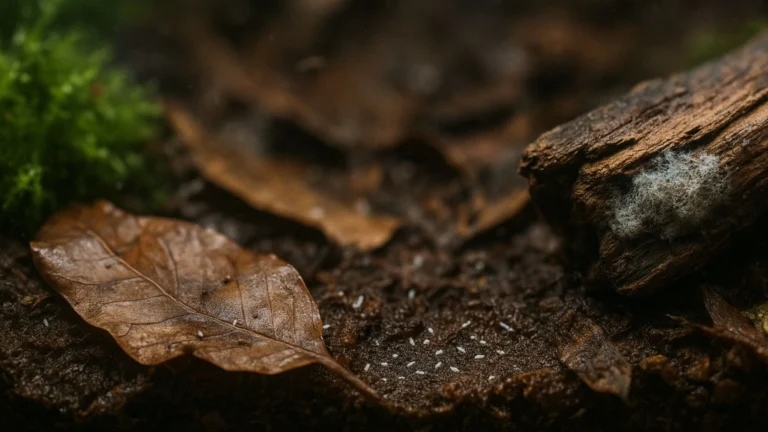 Macro of vivarium substrate with moss, decaying leaves and driftwood showing white fuzzy mold and scattered tiny white springtails—clear signs the tank needs a springtail cleanup crew.