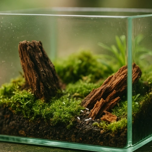 Realistic planted aquarium with large grey stones, green plants, and small tropical fish like neon tetras and serpae tetras swimming through clear water.