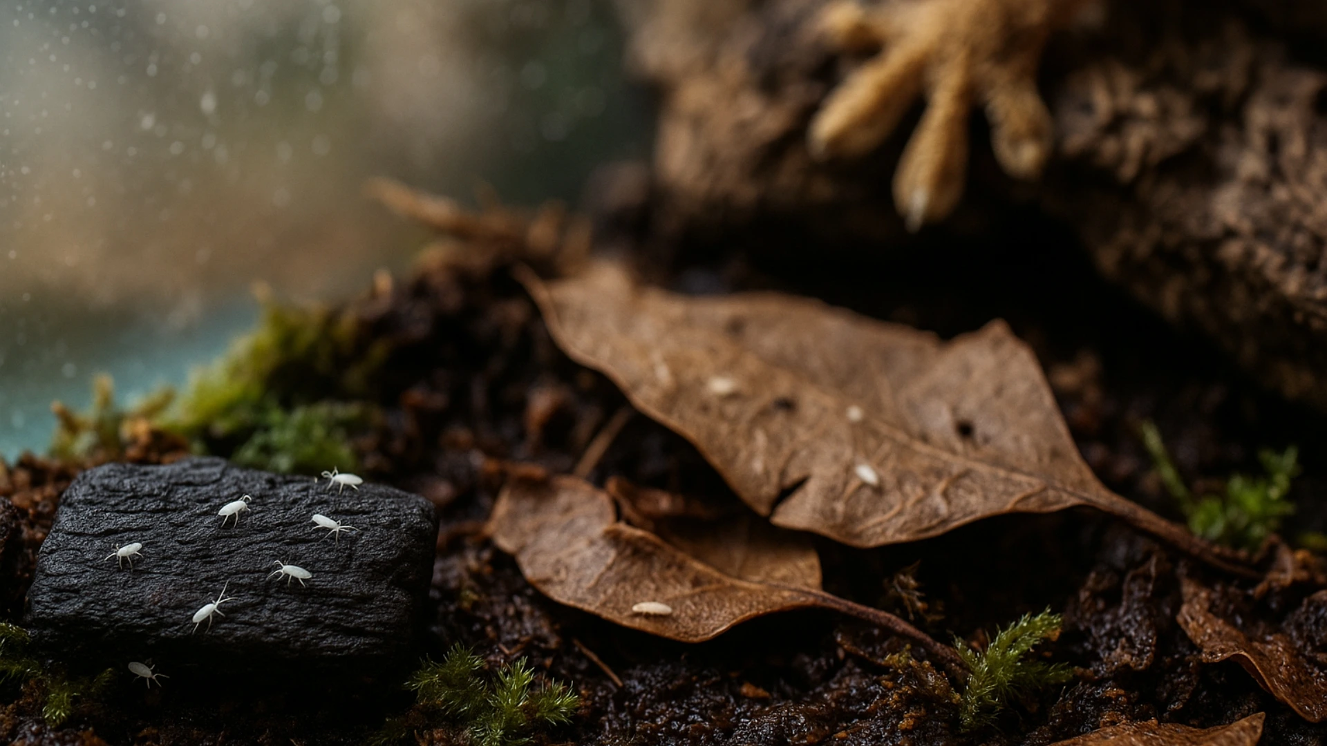 AI-generated macro photo of springtails in reptile vivarium with moss, leaf litter, and charcoal under natural light