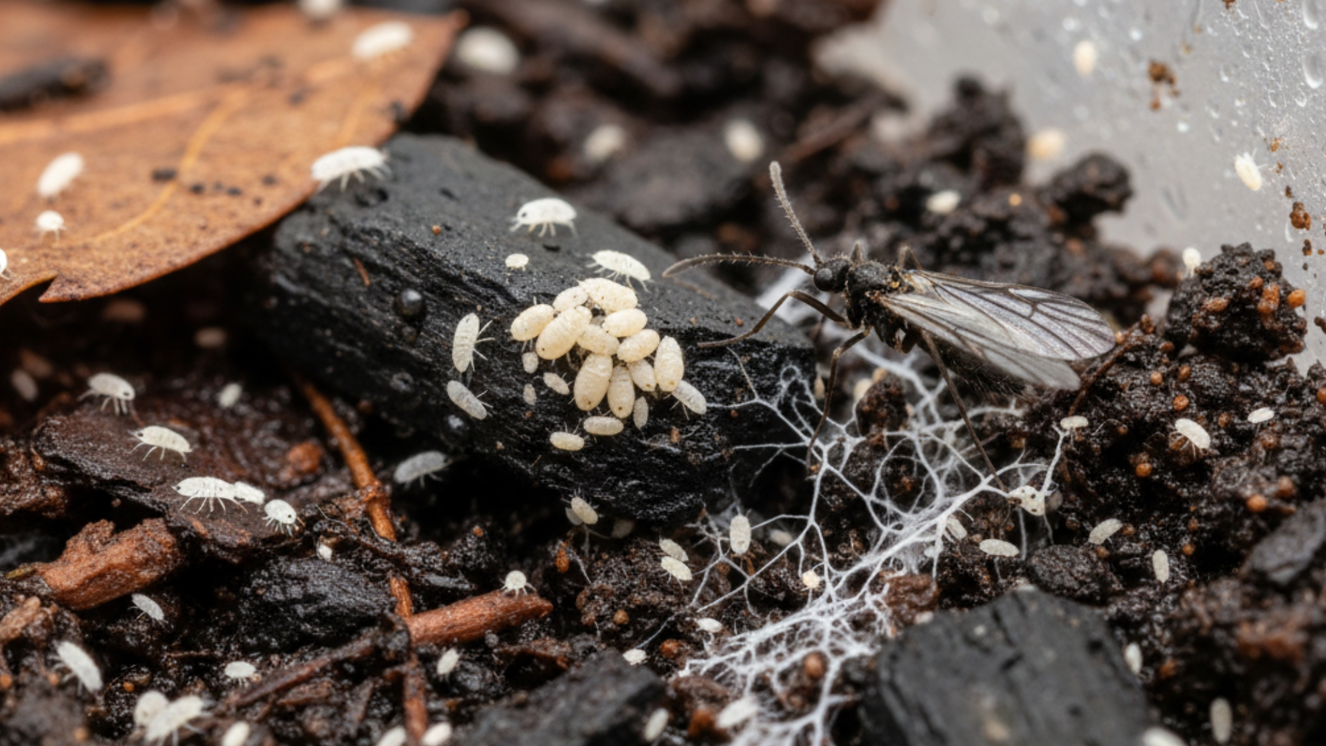 AI-generated macro photo of springtail pests in India: fungus gnat adult on leaf, grain mites cluster, and white springtails on charcoal in a moist terrarium
