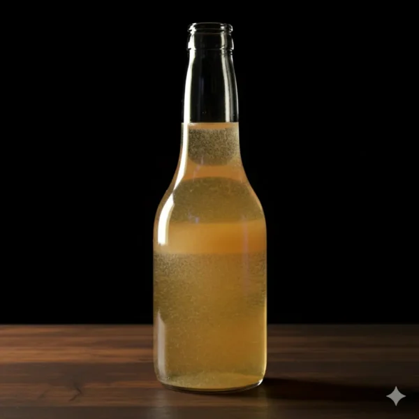 A glass bottle of vinegar eel culture is shown on a wooden table against a black background.
