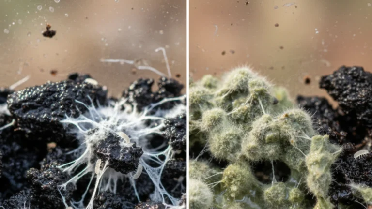 Close-up comparison of springtail cultures showing good vs bad mold — the left side has healthy white fungal mycelium with active springtails on moist charcoal substrate, while the right side shows dense green fuzzy mold overgrowth on decaying material.
