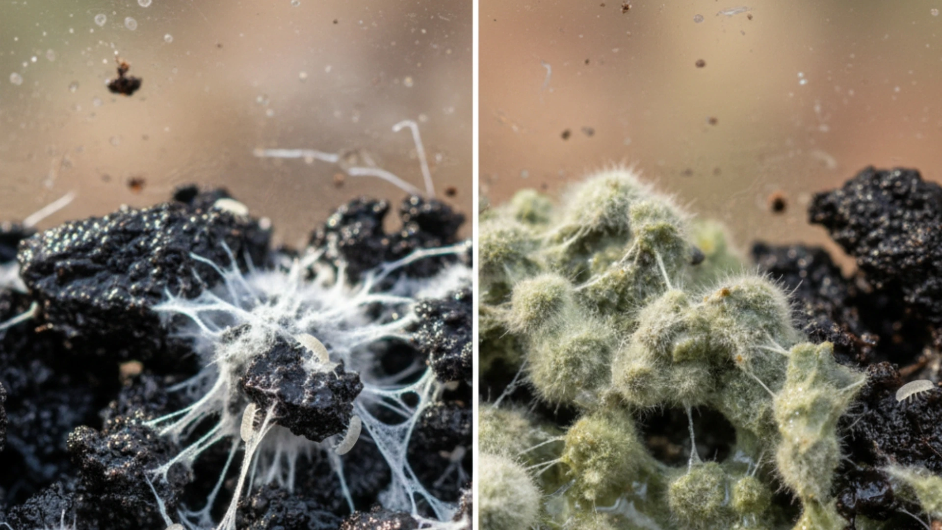 Close-up comparison of springtail cultures showing good vs bad mold — the left side has healthy white fungal mycelium with active springtails on moist charcoal substrate, while the right side shows dense green fuzzy mold overgrowth on decaying material.