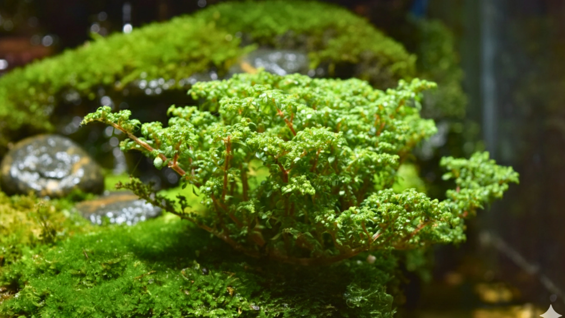 Close-up of lush green moss and miniature plants in a bioactive vivarium.