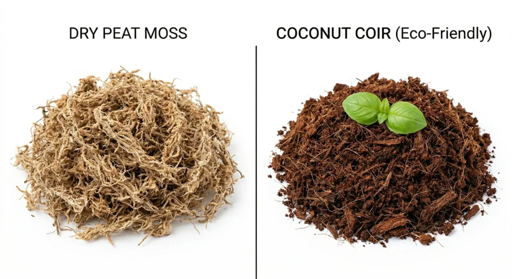 A visual comparison between dry peat moss and sustainable coconut coir substrate.
