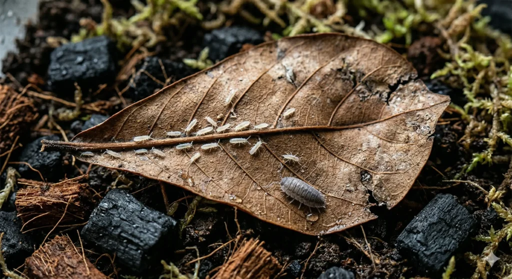 Microfauna including springtails and isopods breaking down a dried Indian almond leaf on moist terrarium soil.