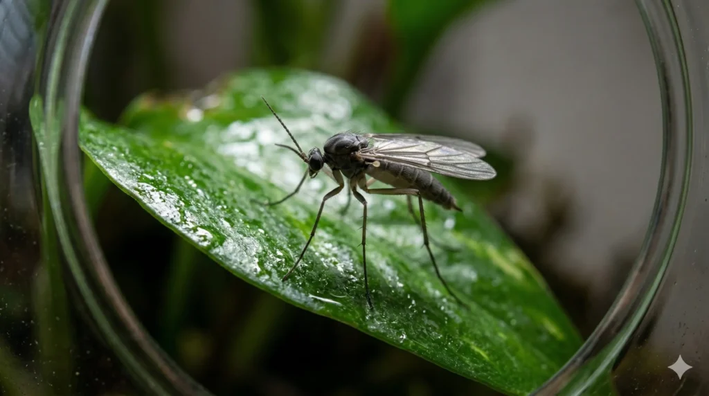 A close-up macro view of an adult fungus gnat resting on a terrarium leaf, displaying its characteristic long legs and wing venation.