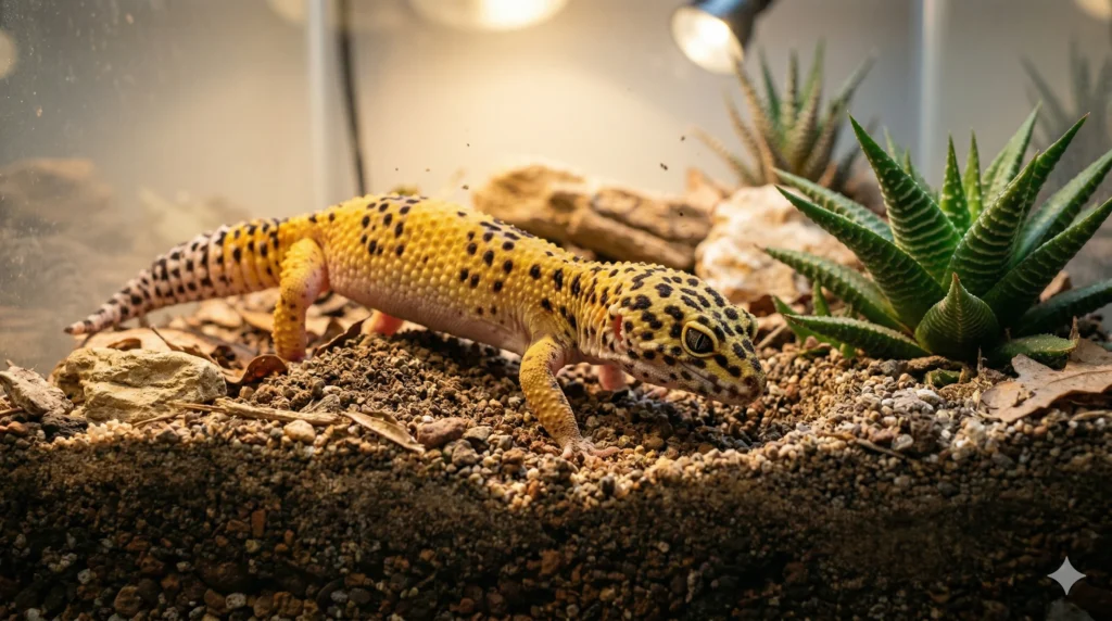 A realistic view demonstrating a leopard gecko digging in deep arid bioactive substrate.