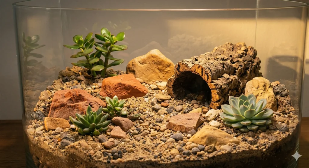 An arid bioactive terrarium featuring sandy soil, natural rock formations, and drought-resistant succulent plants.