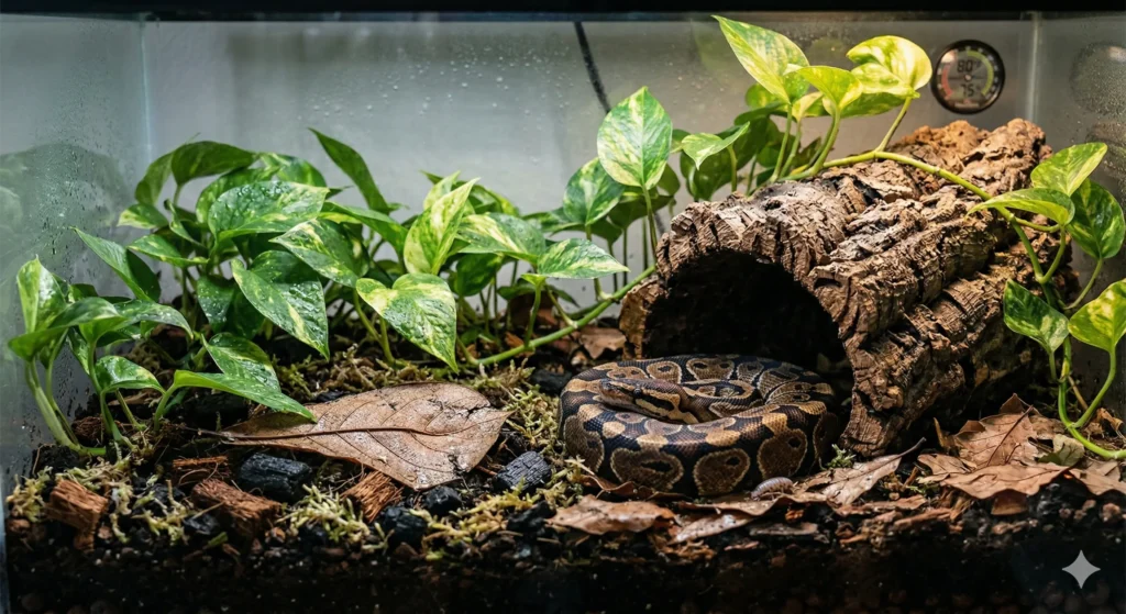  A healthy Ball Python resting on a deep bioactive substrate mix covered in leaf litter inside a planted terrarium.