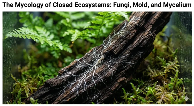 Close-up of beneficial white mycelium fungus growing naturally on driftwood inside a planted terrarium.