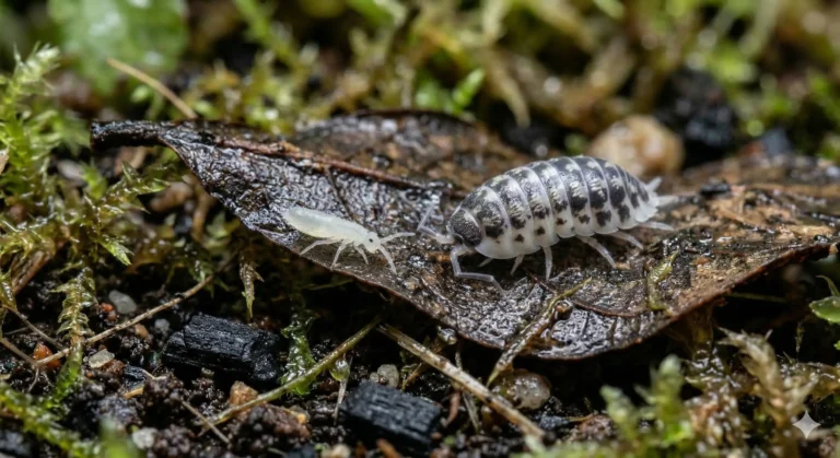 A white springtail and a Dairy Cow isopod breaking down an Indian Almond leaf in a bioactive terrarium.