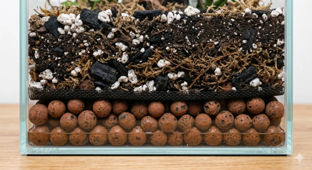 A side-profile cross-section of a bioactive terrarium showing the bottom LECA drainage layer, the black mesh barrier, and the dark organic soil matrix above it.