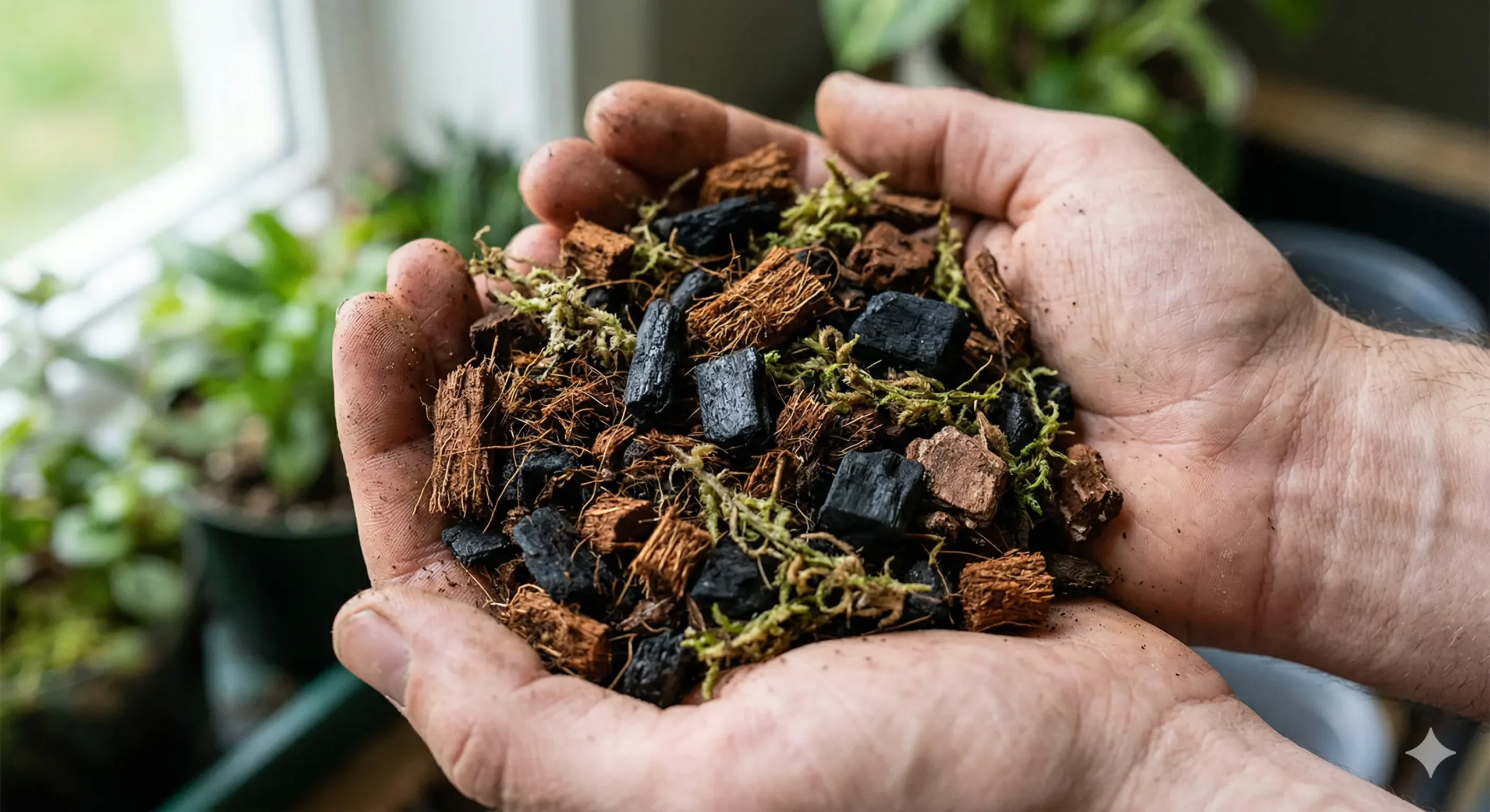 A handful of premium bioactive substrate mix showing coconut coir, charcoal, orchid bark, and sphagnum moss components.