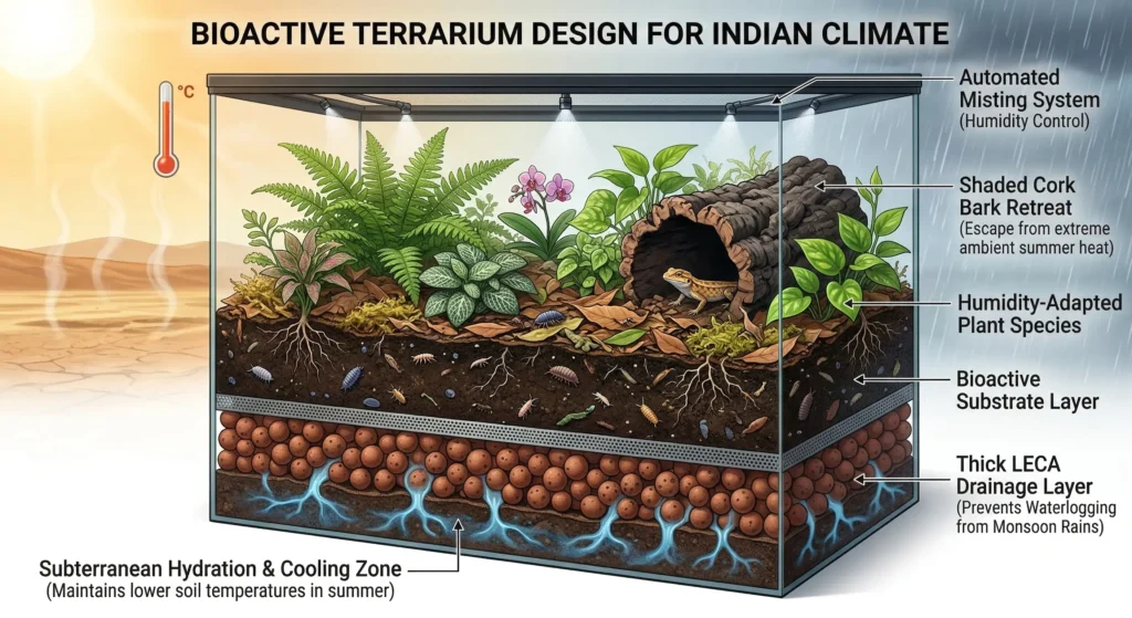 Cross-section diagram of a bioactive terrarium showing a LECA drainage layer and subterranean cooling zones for Indian climates.
