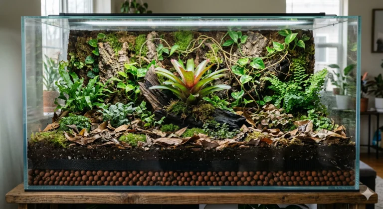 A fully established bioactive terrarium showing clear drainage layers, rich soil, and lush tropical plants