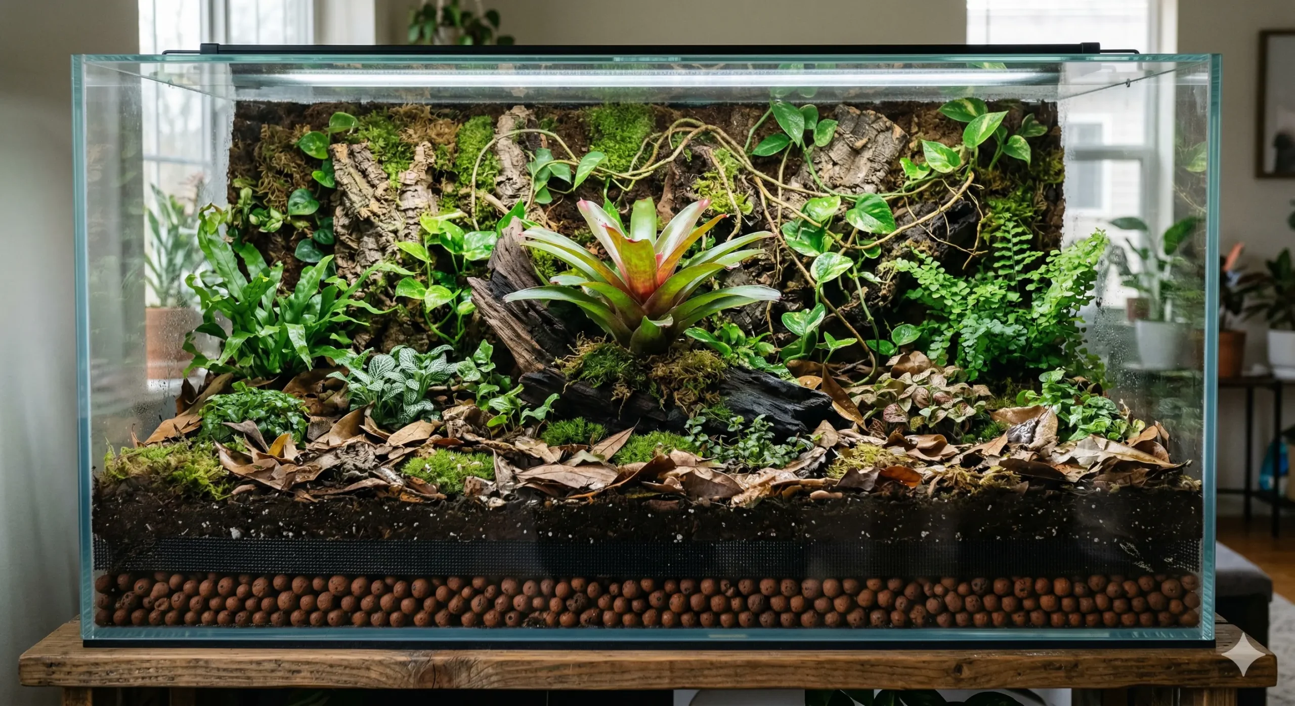 A fully established bioactive terrarium showing clear drainage layers, rich soil, and lush tropical plants