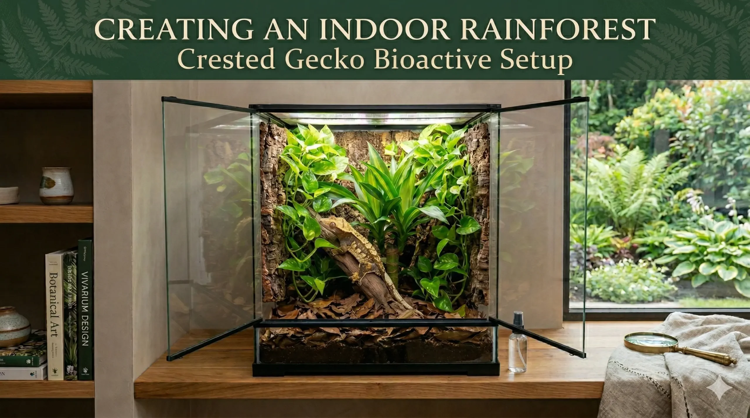 tall, fully planted bioactive arboreal terrarium designed for a crested gecko, featuring trailing pothos vines, thick cork bark tubes, and a dense layer of brown leaf litter on the floor.