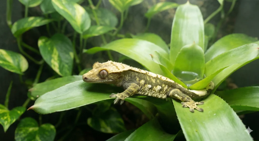 A healthy Crested Gecko resting comfortably on the thick, broad green leaves of a Bromeliad plant inside a humid bioactive enclosure.