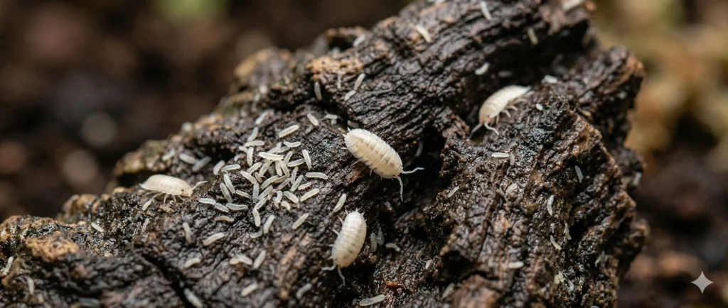 Macro photography showcasing tiny white springtails and small, flat dwarf white isopods actively crawling across a decaying piece of bark.
