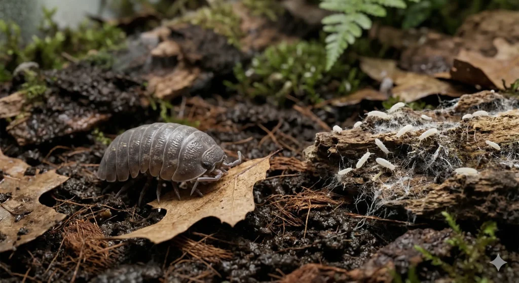 Close-up of an isopod eating a dry oak leaf while springtails consume white mold nearby.