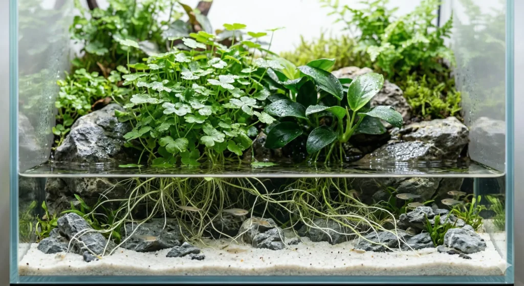 A split-level underwater view showing lush green emersed plants growing rapidly above the water line, with their extensive roots extending into the clear aquatic zone below.