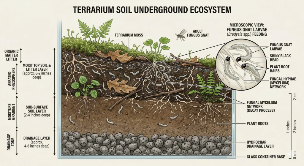 An anatomical cross-section showing translucent fungus gnat larvae with black heads actively feeding on plant roots in damp soil.
Caption: Residing in the top layers of the substrate, larvae inflict severe mechanical damage by stripping essential root hairs from terrarium plants.