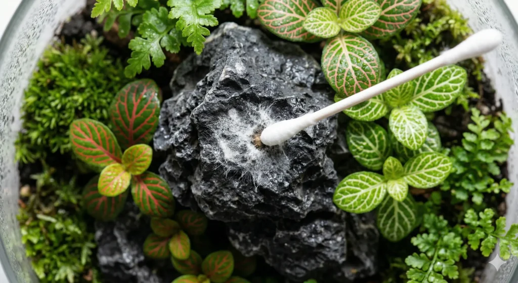 A person using a cotton swab to apply hydrogen peroxide directly to a small patch of white mold on a terrarium stone.