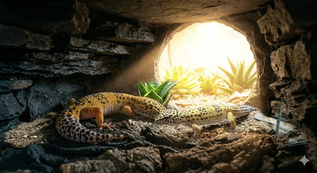 A leopard gecko utilizing a deep, cool hide to escape simulated summer heat in its terrarium.