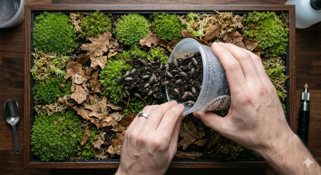 Pouring a live culture of isopods and springtails from a clear jar into a mossy terrarium.