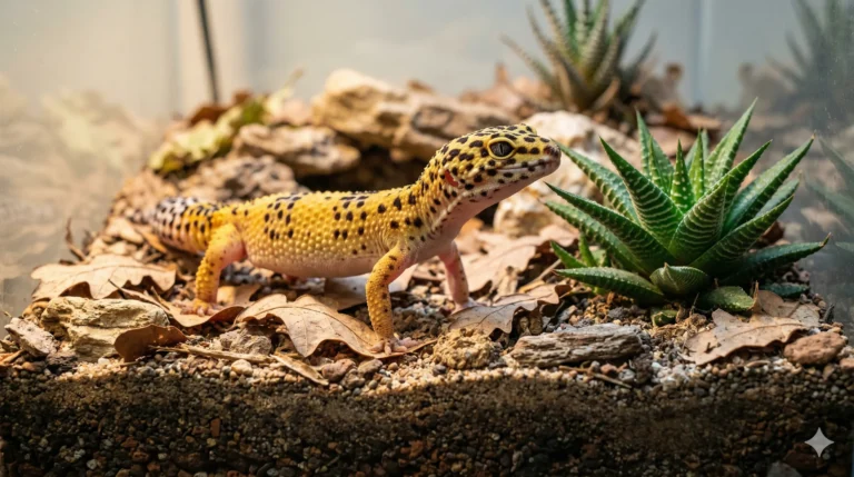 A leopard gecko standing in a fully established arid bioactive setup featuring live succulents and natural substrate.
