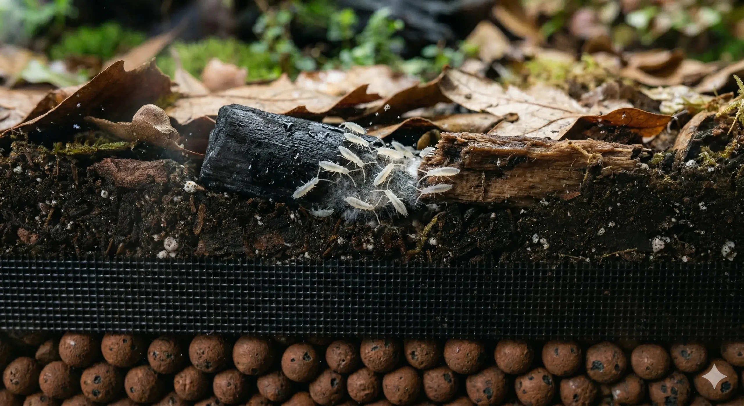 A macro view of white tropical springtails grazing on charcoal and decaying leaf litter inside a bioactive terrarium.