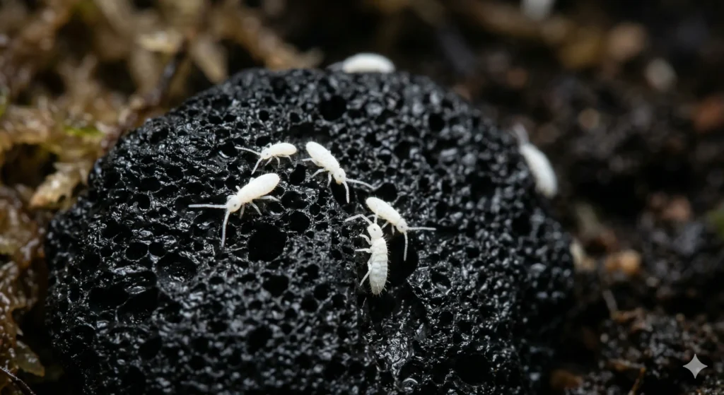 Extreme macro photo of microscopic white springtails walking across a piece of black activated charcoal in a bioactive setup.
