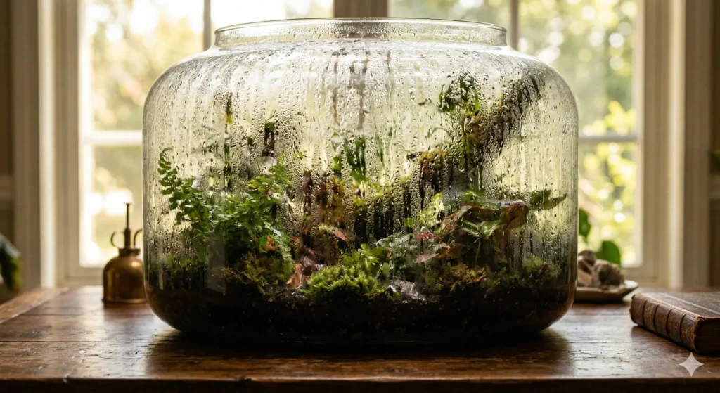 A heavily overwatered glass terrarium showing thick condensation and streaking water droplets obscuring the plants inside.