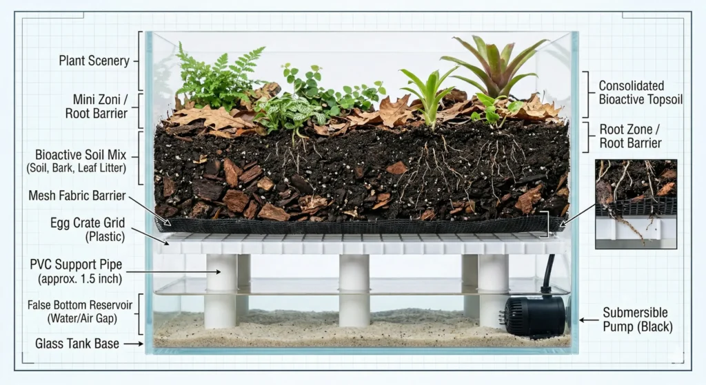 A cross-section view demonstrating how to use a plastic egg crate grid and landscaping mesh to create a false bottom drainage layer in a paludarium.