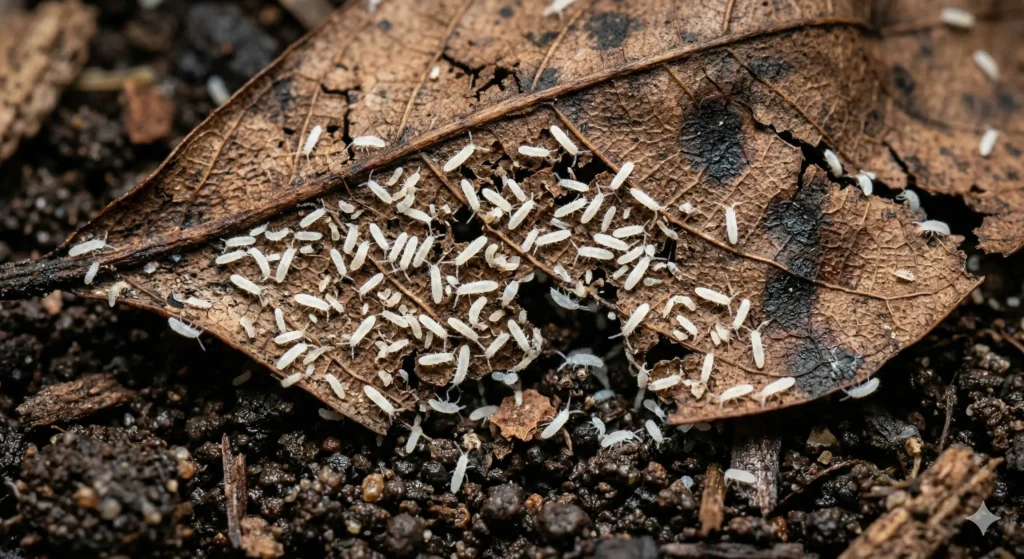 A macro view of white springtails consuming a decaying brown leaf on dark bioactive soil, acting as a highly efficient natural cleanup crew.