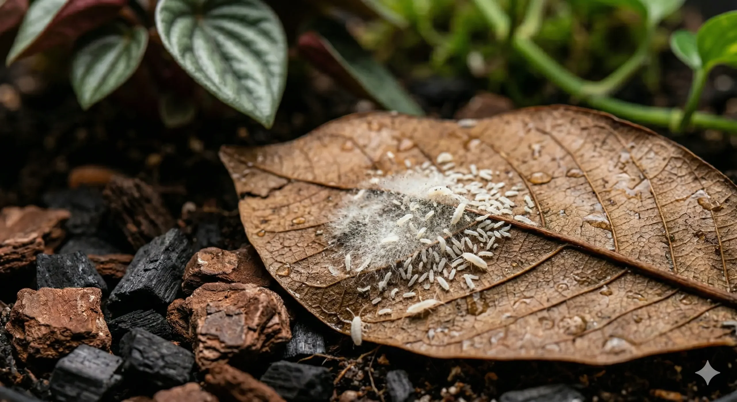 A macro view of tiny white springtails actively consuming white mold on a decaying leaf inside a terrarium.